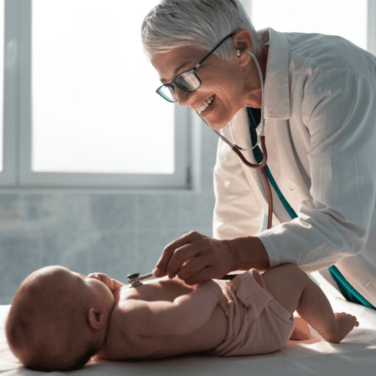 A healthcare professional checking a baby's heart beat